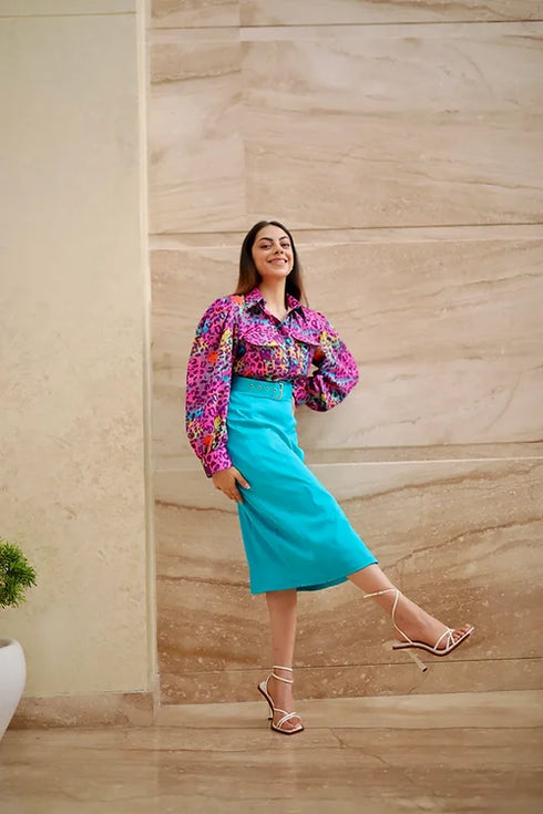 Mel Abstract Print Top With Blue Skirt